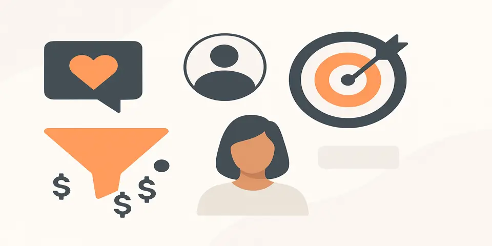 Flat-style icons representing interest categories, target symbols, and analytics graphs.