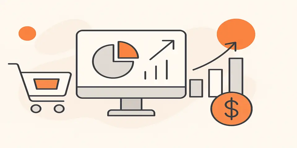 ROAS title surrounded by icons like dollar signs, ad reports, and analytics tools.