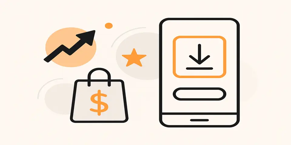 Icons of app downloads, growth, budget, and engagement on a soft background.