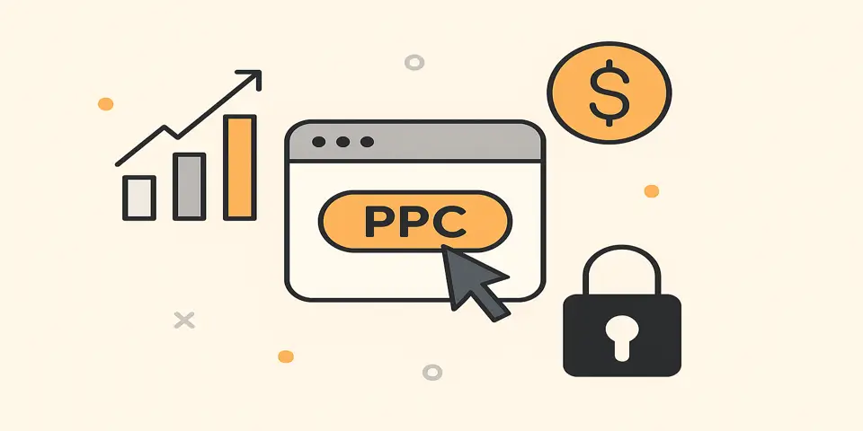 Abstract PPC concept showing browser, graph, and secure transaction icons