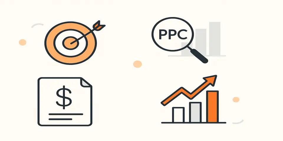 Abstract PPC elements including ROI chart, keyword targeting, and campaign analysis icons