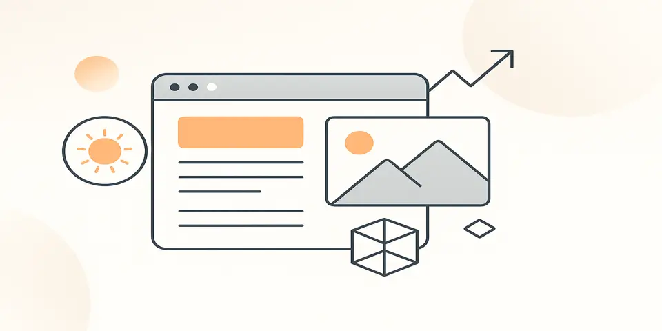 Abstract web layout with design icons and upward engagement graph