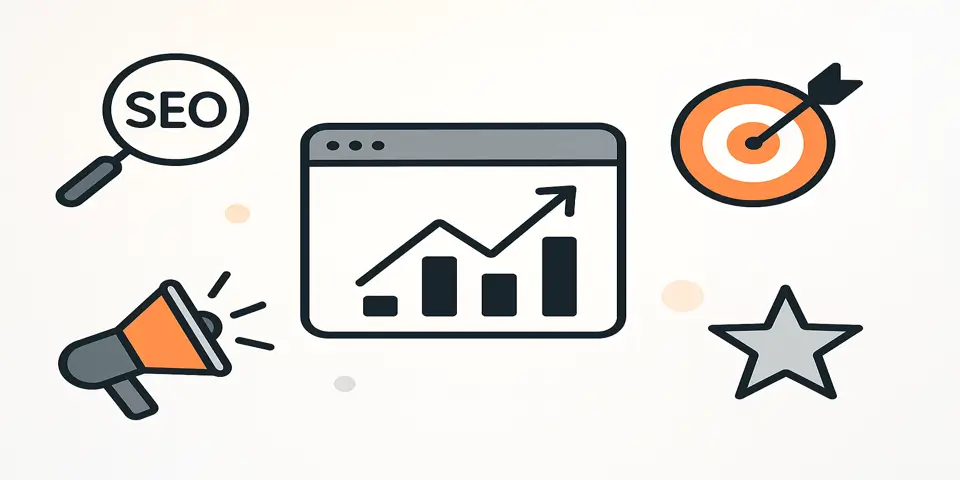 Abstract icons representing SEO growth, visibility, and traffic insights.