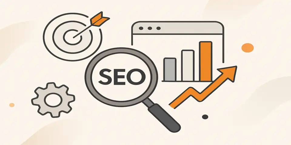 Abstract SEO elements including magnifying glass, charts, and upward arrows.