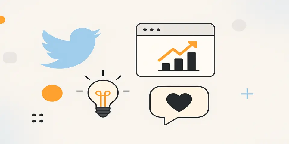 Flat-style illustration with Twitter icons and modern gradient shapes.
