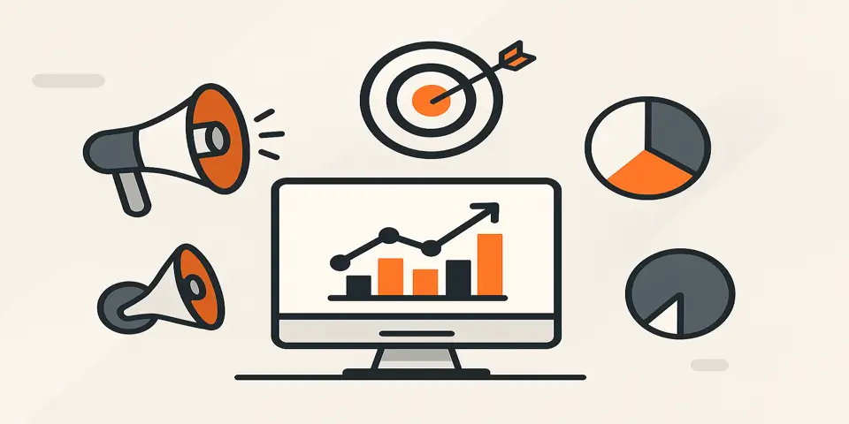 Icon set symbolizing planning, analysis, and communication in campaigns.