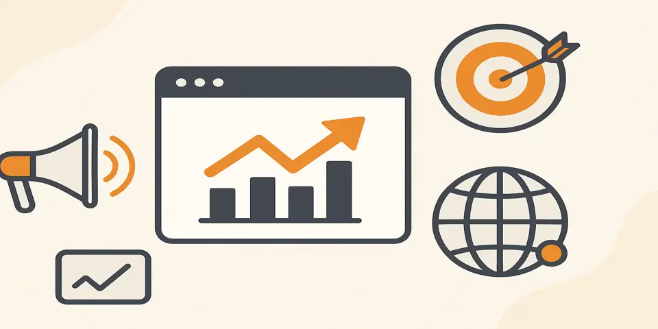 Abstract icons symbolizing key digital marketing elements and performance growth.