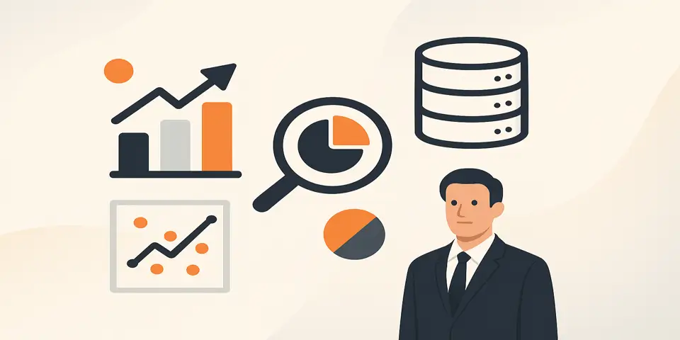 Abstract icons and minimal shapes symbolizing data-driven insights.
