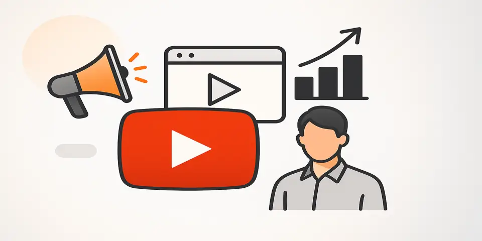 YouTube marketing icons representing ads, videos, and analytics.