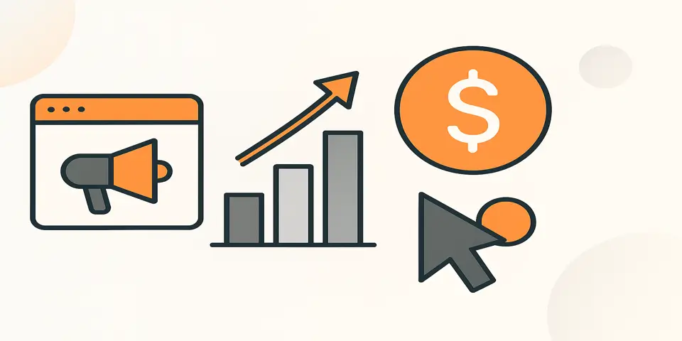 Gradient background with abstract marketing and ROI-focused elements.