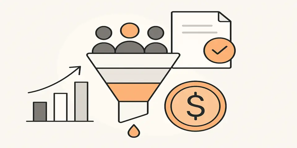 Abstract icons illustrating stages of sales funnel optimization
