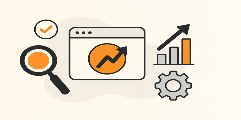 Abstract SEO icons symbolizing performance, strategy, and debunked myths