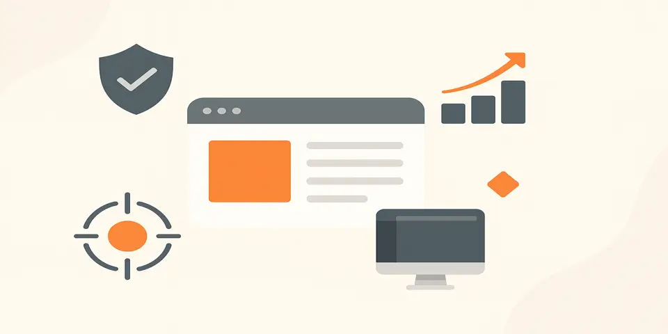 Abstract UI icons representing web design strategies and interface components.