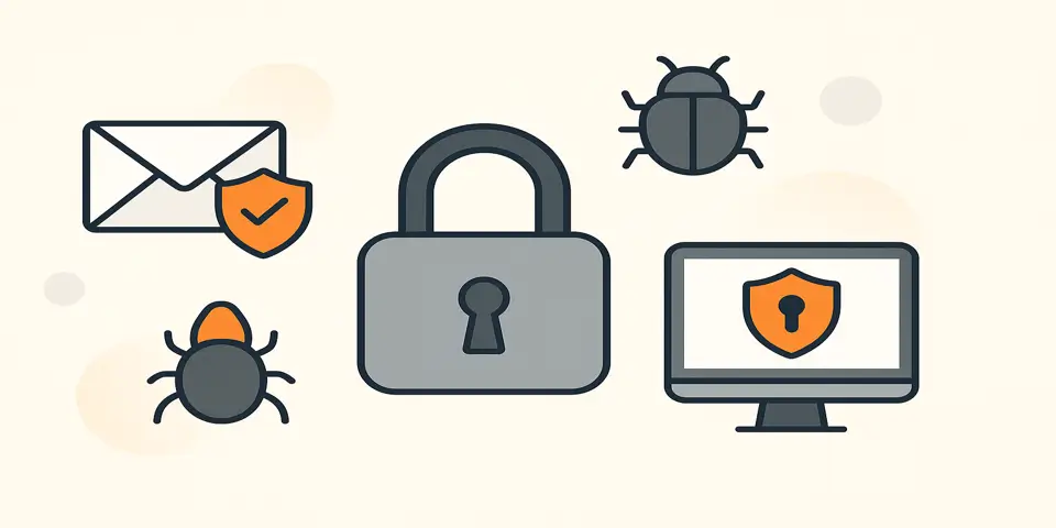 Abstract icons including shields and firewalls for data security themes.