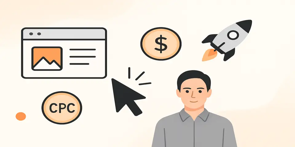 Minimal icons representing CPC ads, cost, targeting, and digital growth.