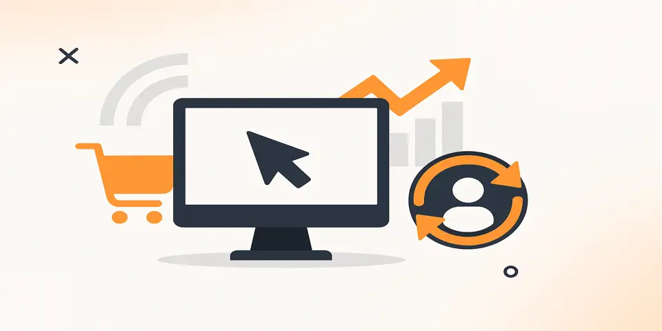 Icons of a screen, cart, cursor, and arrow reflecting marketing actions