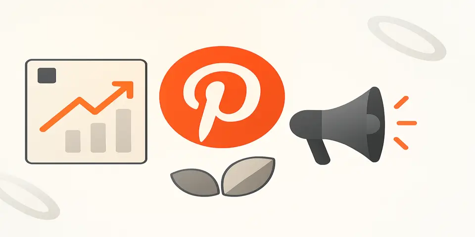 Minimal Pinterest elements like logo, growth chart, and pins