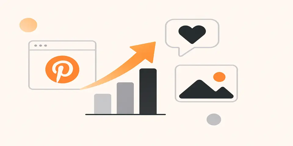 Pinterest-related icons representing content strategy, branding, and engagement.