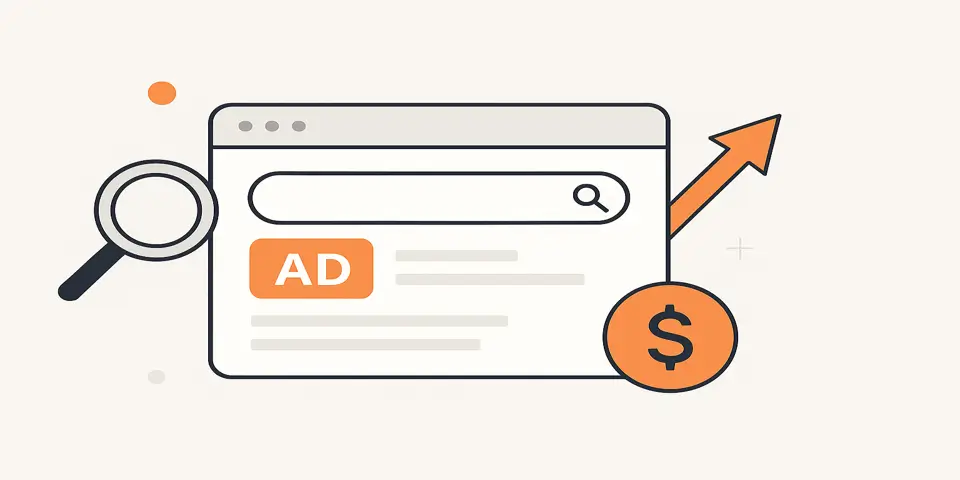 Minimalist search ads icons including magnifier, chart, and coin