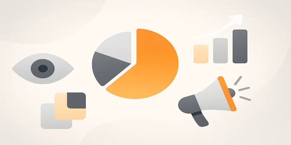 Abstract infographic elements including pie chart and bar graph in brand colors