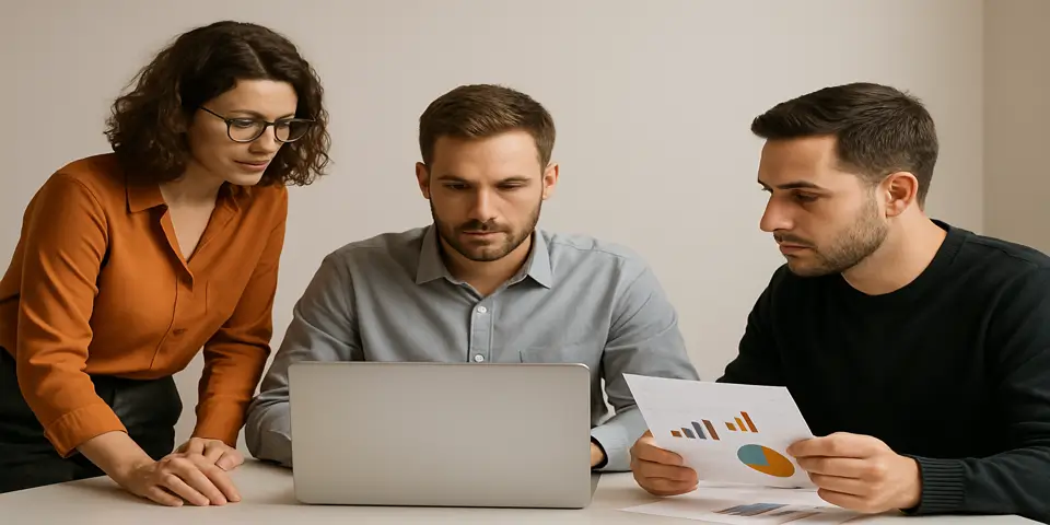 Team reviewing data charts and business strategy insights at a desk.