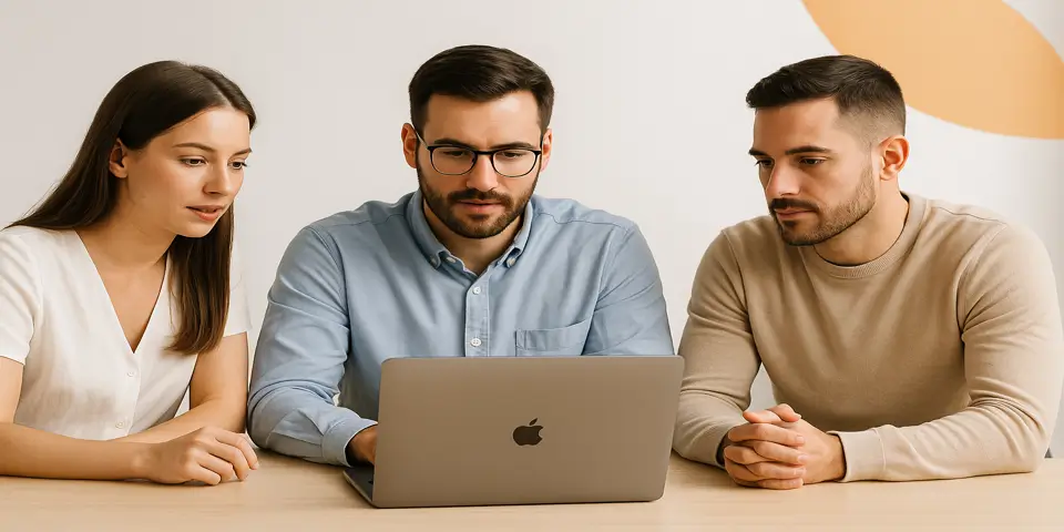 Marketing team discussing AI automation strategy on a laptop.