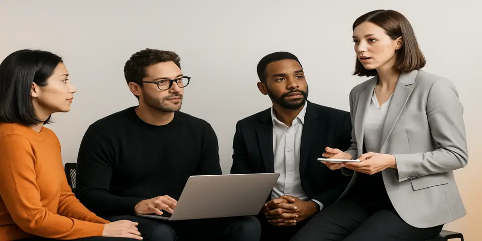 Team of digital strategists collaborating on business growth tactics.