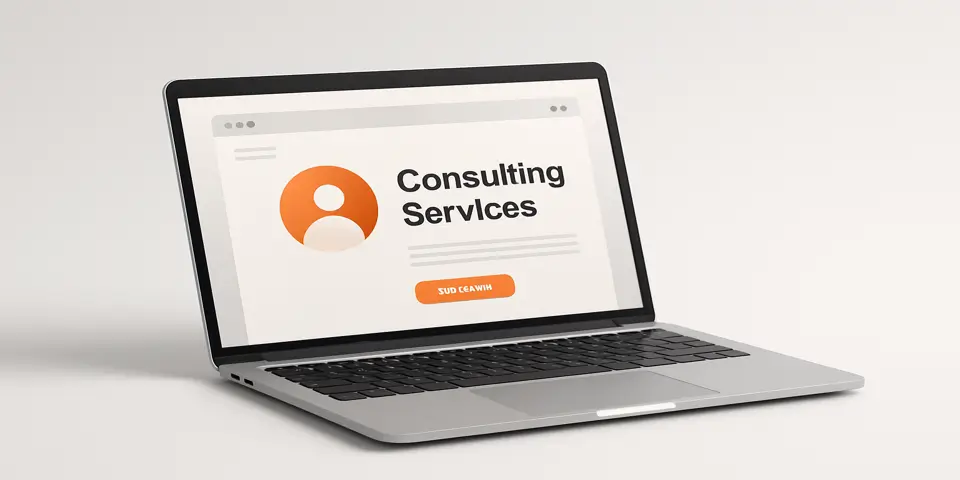 Laptop showing consulting service webpage design for conversion focus.