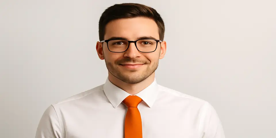 Marketing professional with glasses and orange tie planning ad strategy