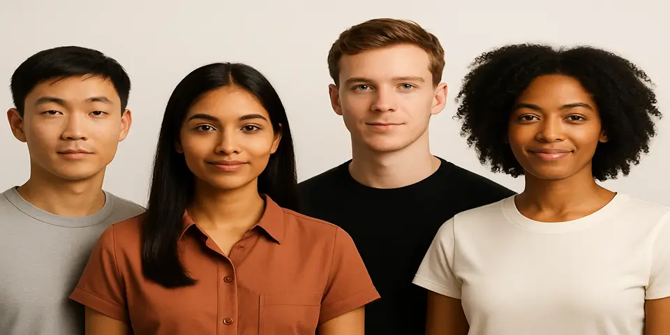 Four diverse individuals standing together representing demographic diversity.