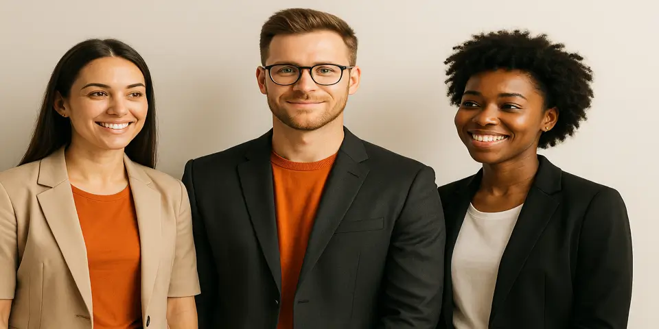 Three professionals discussing a strategic content plan on a laptop