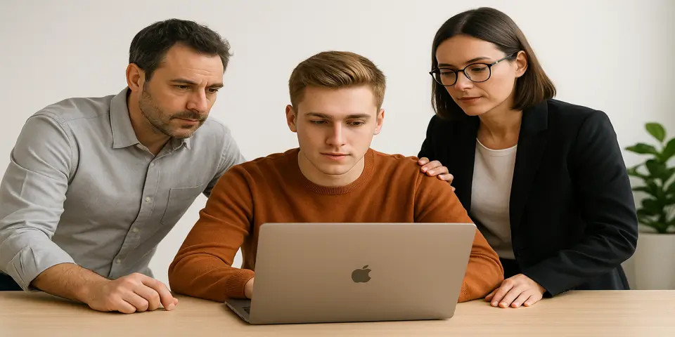 Consulting team collaborating to refine a website strategy on a laptop.