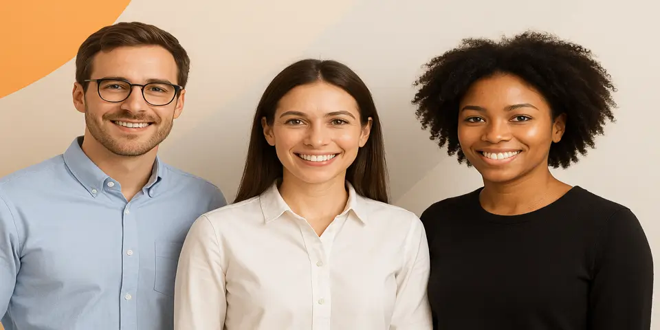 Diverse team of professionals smiling during a web design strategy meeting.