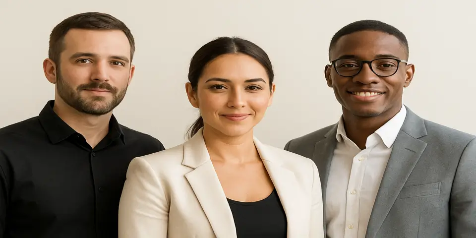 Three marketing professionals collaborating on strategy and SEO goals.