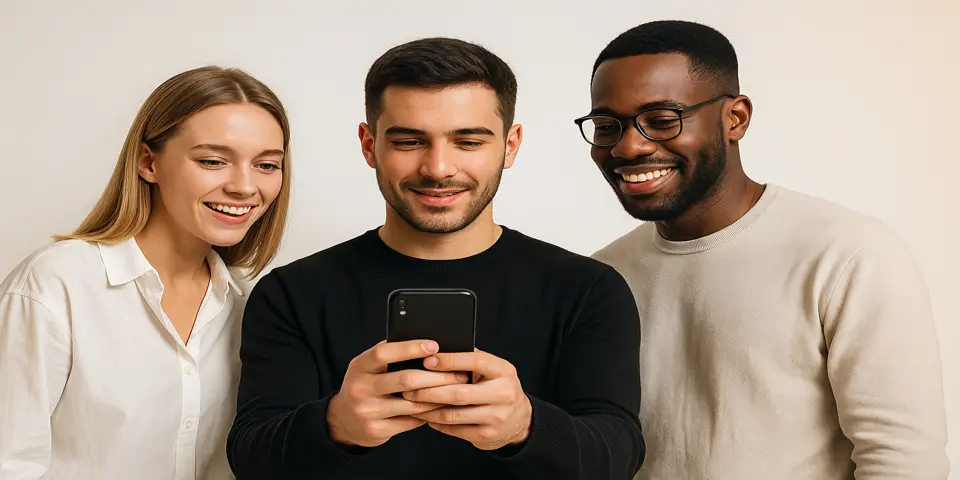 Team of marketers discussing Reddit strategy using mobile and laptop