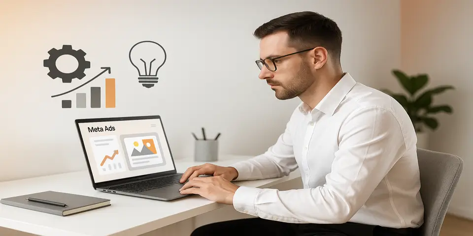 Marketer analyzing Meta Ads performance on laptop.