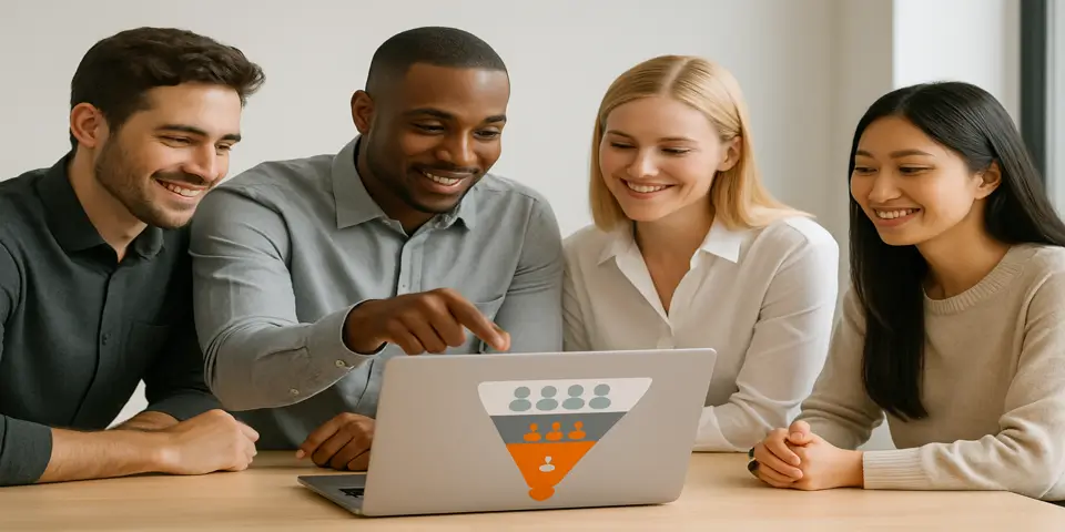 Diverse team discussing lead generation strategy around laptop.