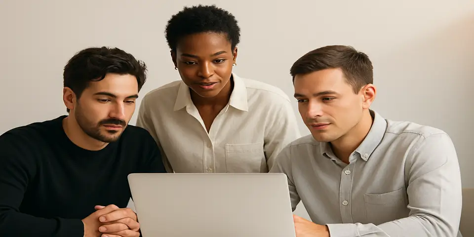 Team of web developers collaborating over project strategy on laptop.