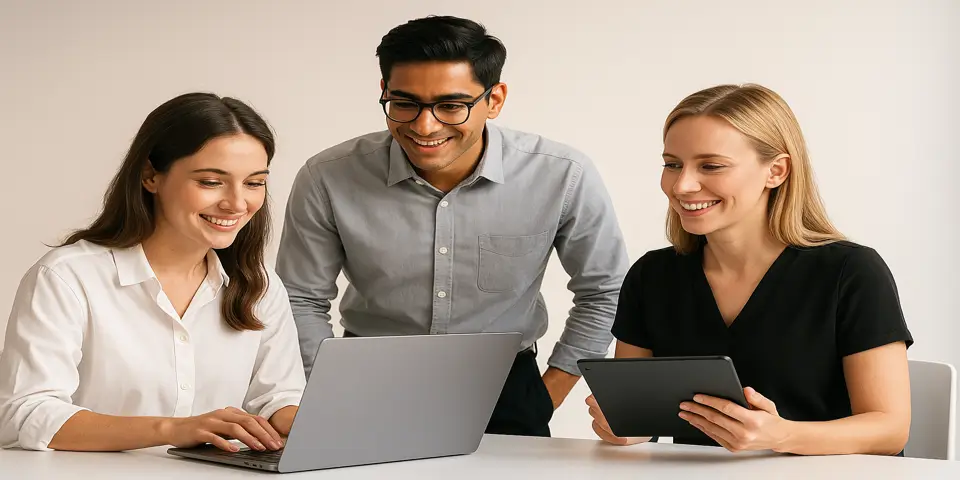Web design team collaborating on layout and content strategy