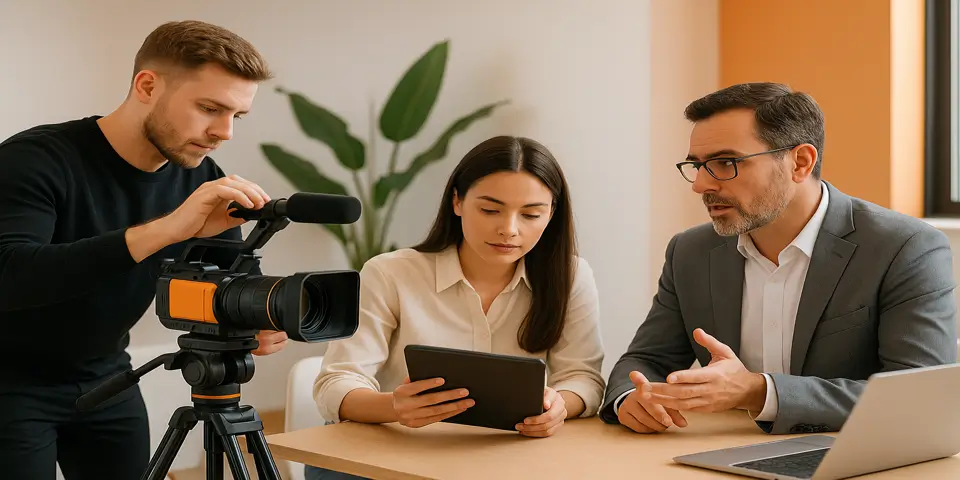 Marketing team analyzing video strategy performance data on screens
