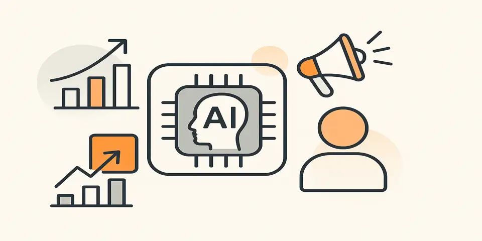 AI chip and digital marketing icons on soft gradient background