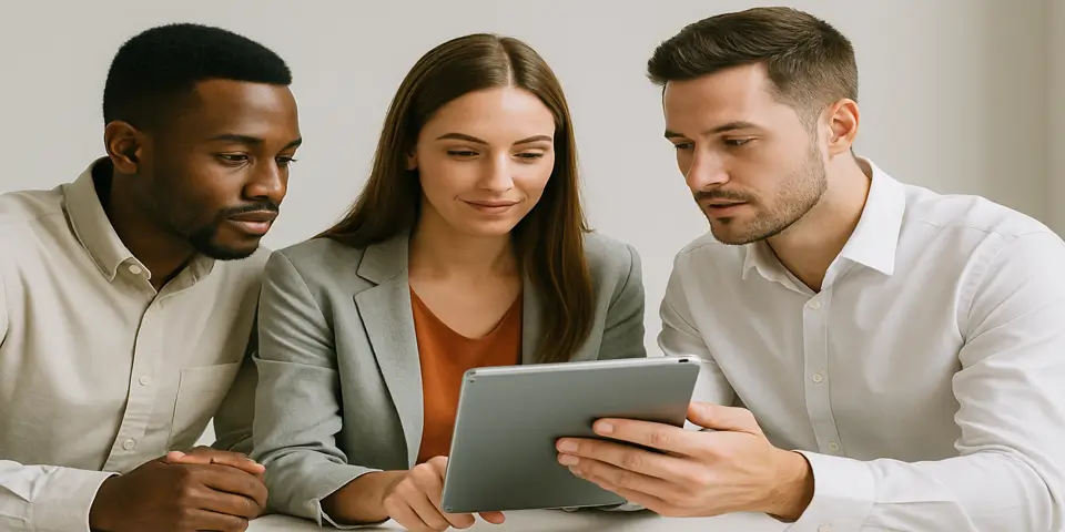 Three professionals collaborating on digital engagement strategy using a tablet