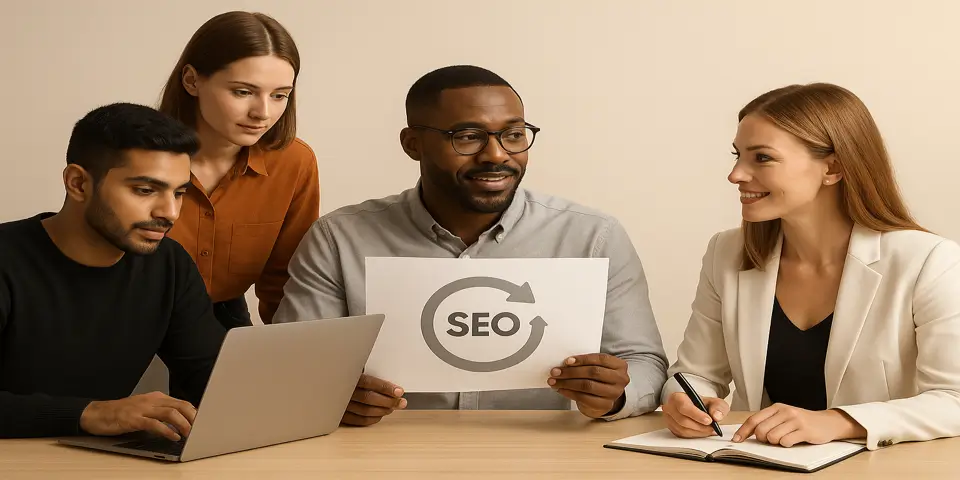 Diverse team discussing business SEO strategy around a laptop.