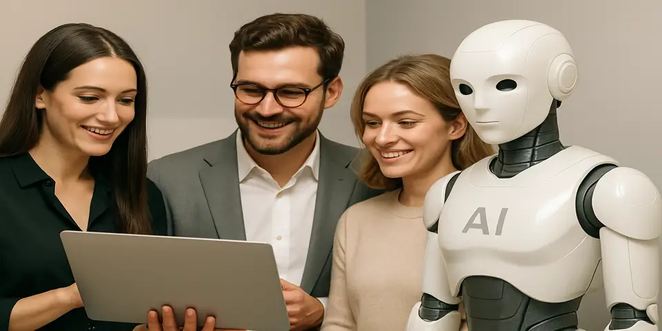 Marketing team collaborating with AI technology in modern workspace