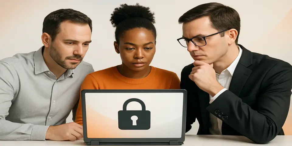 Business team reviewing cybersecurity action plan in office.