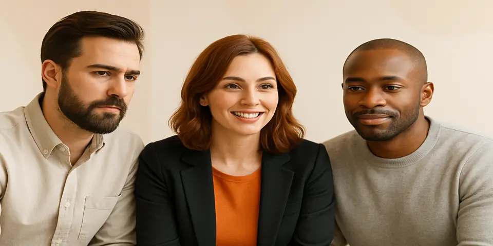 Three professionals collaborating on branding strategies