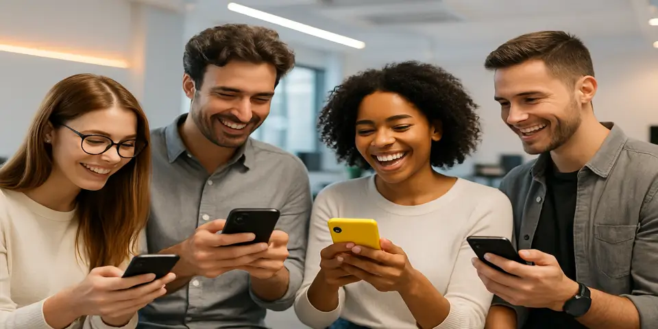 Group of professionals reviewing Snapchat stories together