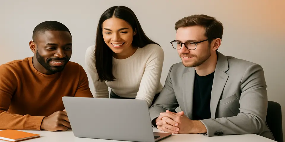 Team of professionals discussing web design strategy using a laptop.