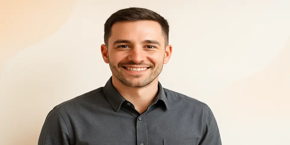 Professional digital marketer confidently posing in a soft-toned workspace.