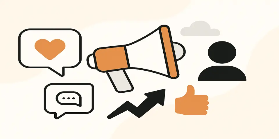 Abstract icons representing planning, reach, engagement, and social growth.